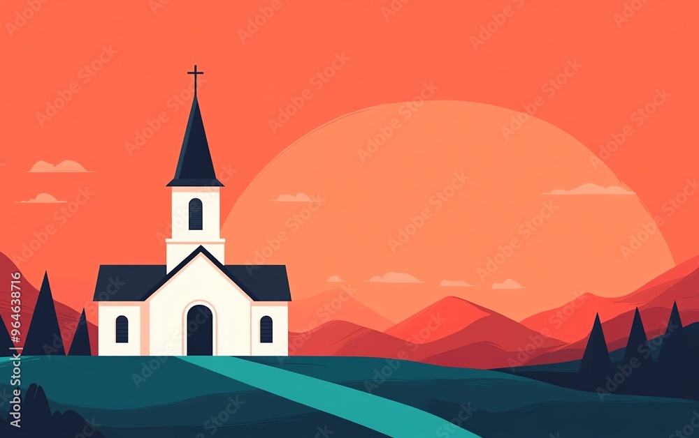 Naklejka premium Silhouette of a church at sunset with mountains in the background.