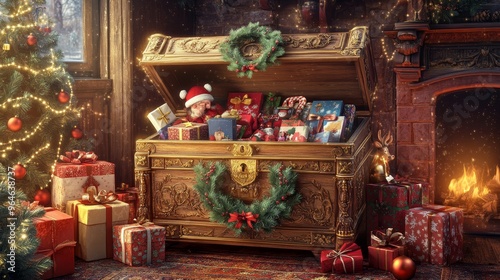 A charming Christmas treasure chest filled with presents sits beside a cozy fireplace and a beautifully lit Christmas tree.