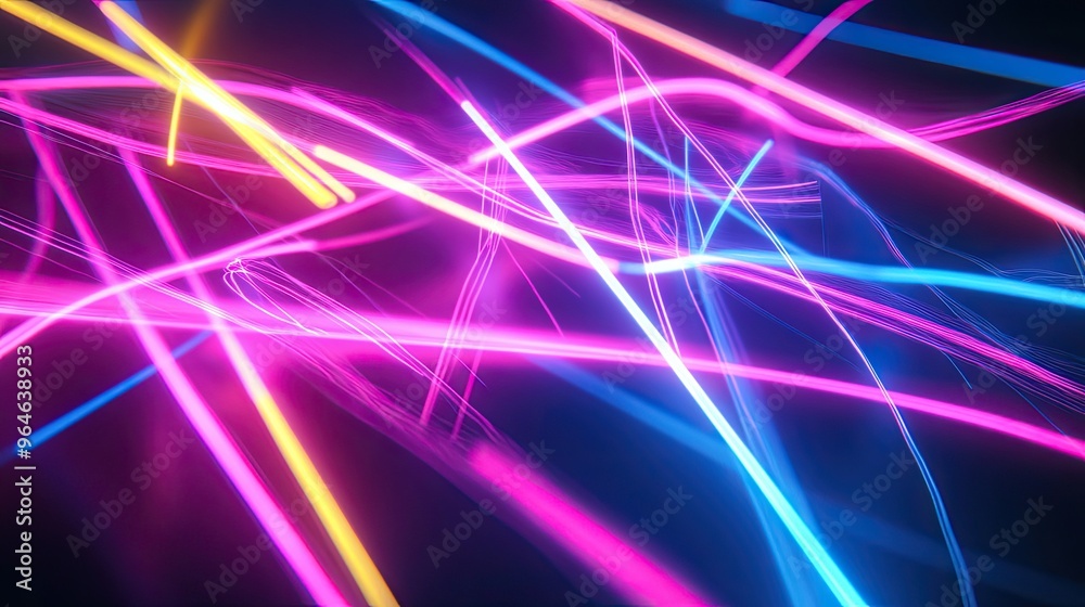 Neon Cityscape - Abstract Futuristic Design with Intersecting Neon Lines on Dark Background, Dynamic Movement and Energy Neon Cityscape - Abstract Futuristic Design with Intersecting Neon Lines on Dark Background, Dynamic Movement and Energy