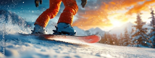 close up of legs on snowboard. Selective focus