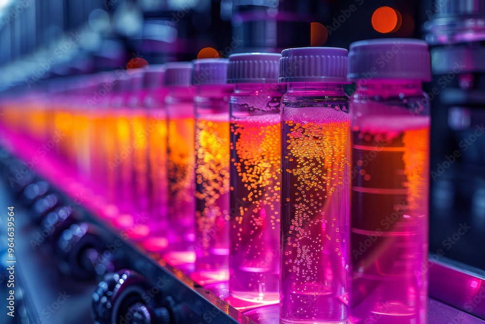 Row of scientific vials with colorful liquid and bubbles under neon lighting in a modern laboratory setting, illustrating chemical research and innovation