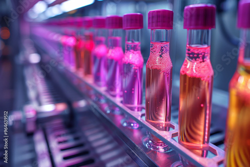 Row of scientific vials with colorful liquid and bubbles under neon lighting in a modern laboratory setting, illustrating chemical research and innovation