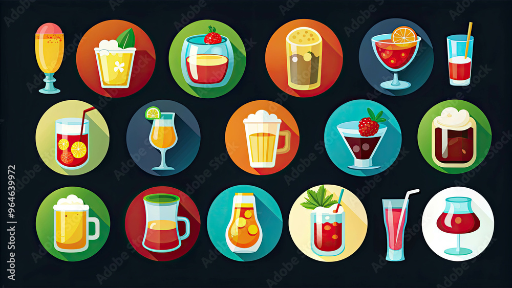Illustration of various colorful alcoholic drinks in different types of glasses, beer, cocktails and mugs,
