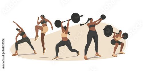 Dynamic Fitness Routine: Fit Women in Diverse Poses with Barbell, Kettlebell, Jumping, and Stretching – Flat Vector Illustration of Professional Sportswomen Showcasing CrossFit and Fitness Training.