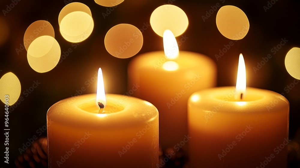 A serene arrangement of three lit candles, creating a warm and inviting atmosphere with soft glowing lights. A serene arrangement of three lit candles, creating a warm and inviting atmosphere with soft glowing lights.