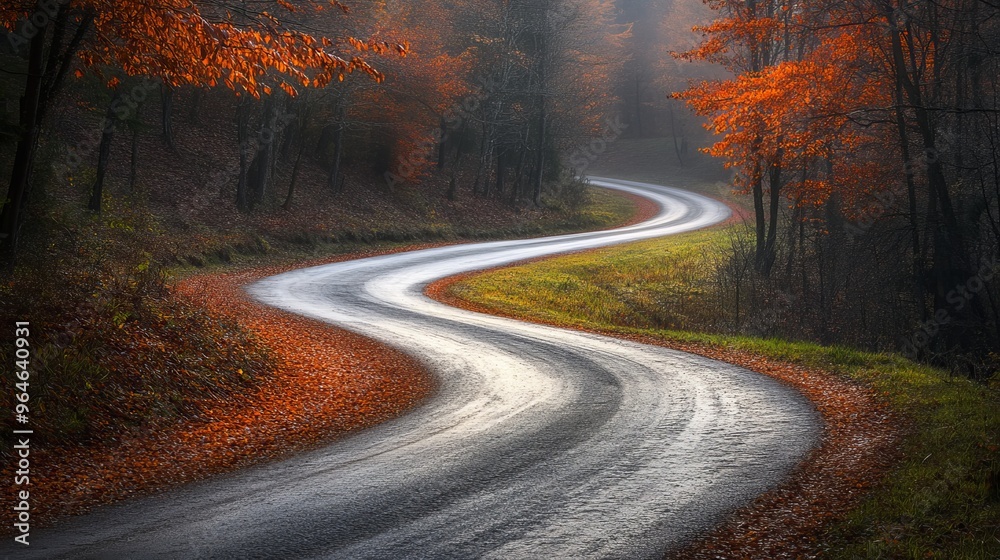 Fototapeta premium A winding road through a misty forest adorned with autumn foliage.