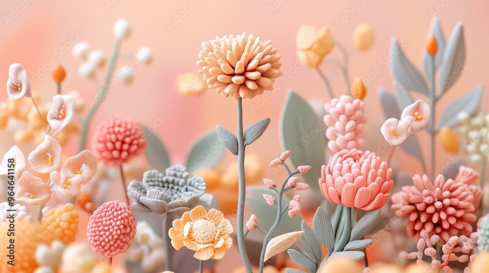 Whimsical Fimo clay plants in a retro color scheme, with abstract shapes and delicate details, set on a background with soft, warm hues Whimsical Fimo clay plants in a retro color scheme, with abstract shapes and delicate details, set on a background with soft, warm hues