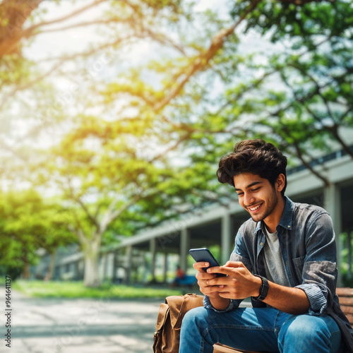 Smiling Young Bangladeshi Man Using Smartphone While Relaxing on a Park Bench in Sunny Green Environment