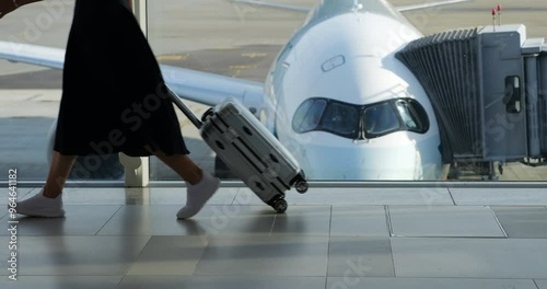 Woman with small wheeled suitcase walks through terminal past window, heading to boarding gate. Slow-motion shot shows her legs and suitcase, with modern airplane seen blurred in background. photo