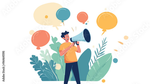 Communication or PR, Public Relations manager to communicate company information and media, announce sales or promotion concept, businessman holding speech bubble balloons while talking on megaphone.