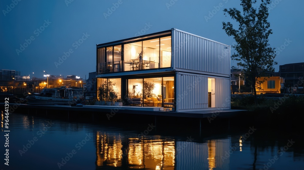 A beautifully lit container house at night, with glass walls and white metal exteriors, surrounded by a tranquil water town environment A beautifully lit container house at night, with glass walls and white metal exteriors, surrounded by a tranquil water town environment