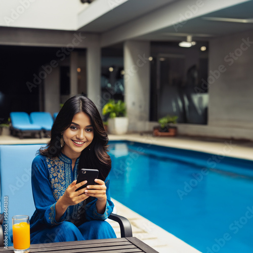 Smiling Bangladeshi Woman in Blue Traditional Attire Relaxing by Poolside with Smartphone