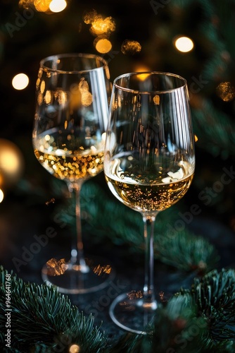 two glasses with wine christmas concept. Selective focus