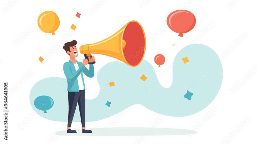 Communication or PR, Public Relations manager to communicate company information and media, announce sales or promotion concept, businessman holding speech bubble balloons while talking on megaphone.
