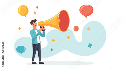 Communication or PR, Public Relations manager to communicate company information and media, announce sales or promotion concept, businessman holding speech bubble balloons while talking on megaphone.
