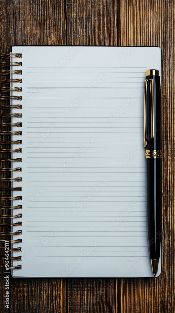 An open notebook with lined pages and a black pen with gold accents on a rustic wooden background. An open notebook with lined pages and a black pen with gold accents on a rustic wooden background.