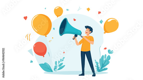 Communication or PR, Public Relations manager to communicate company information and media, announce sales or promotion concept, businessman holding speech bubble balloons while talking on megaphone.