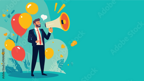 Communication or PR, Public Relations manager to communicate company information and media, announce sales or promotion concept, businessman holding speech bubble balloons while talking on megaphone.