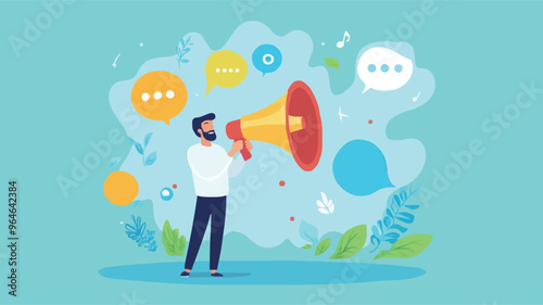 Communication or PR, Public Relations manager to communicate company information and media, announce sales or promotion concept, businessman holding speech bubble balloons while talking on megaphone.