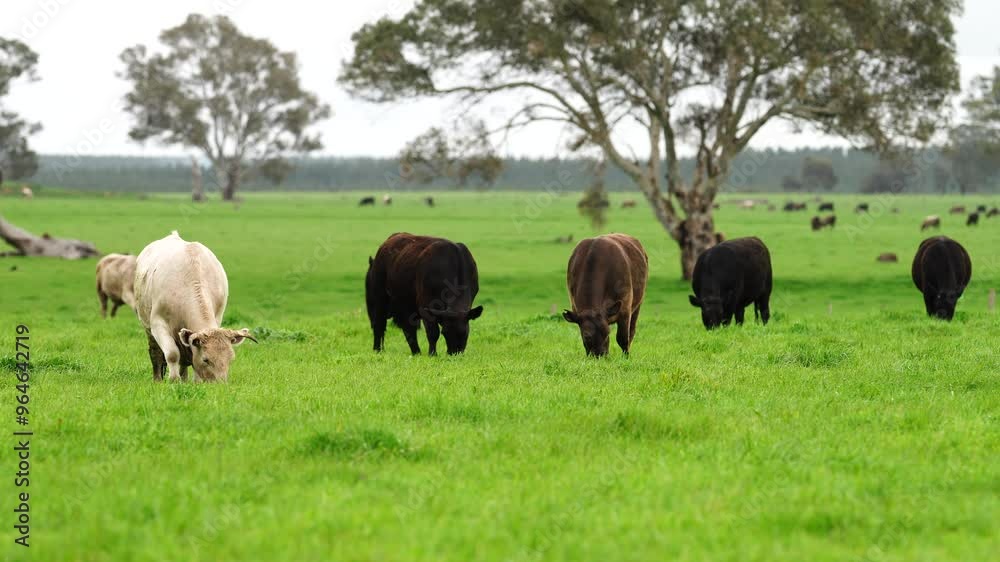 beautiful cattle in Australia eating grass, grazing on pasture. Herd of cows free range beef being regenerative raised on an agricultural farm. Sustainable farming beautiful cattle in Australia eating grass, grazing on pasture. Herd of cows free range beef being regenerative raised on an agricultural farm. Sustainable farming