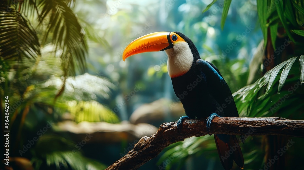 A vibrant toucan perched on a branch amidst lush tropical foliage, showcasing its colorful beak and serene environment. A vibrant toucan perched on a branch amidst lush tropical foliage, showcasing its colorful beak and serene environment.