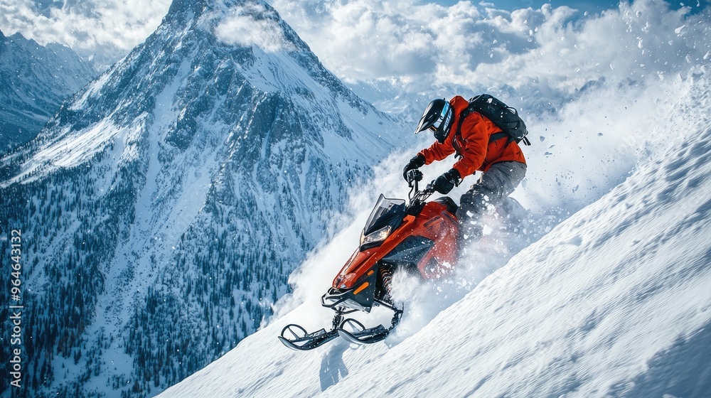 a man on a snowmobile in the snowy mountains. Selective focus a man on a snowmobile in the snowy mountains. Selective focus