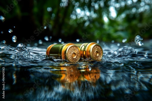 Bullets submerged in water from an overturned ammo case, creating a haunting image of conflict's aftermath photo