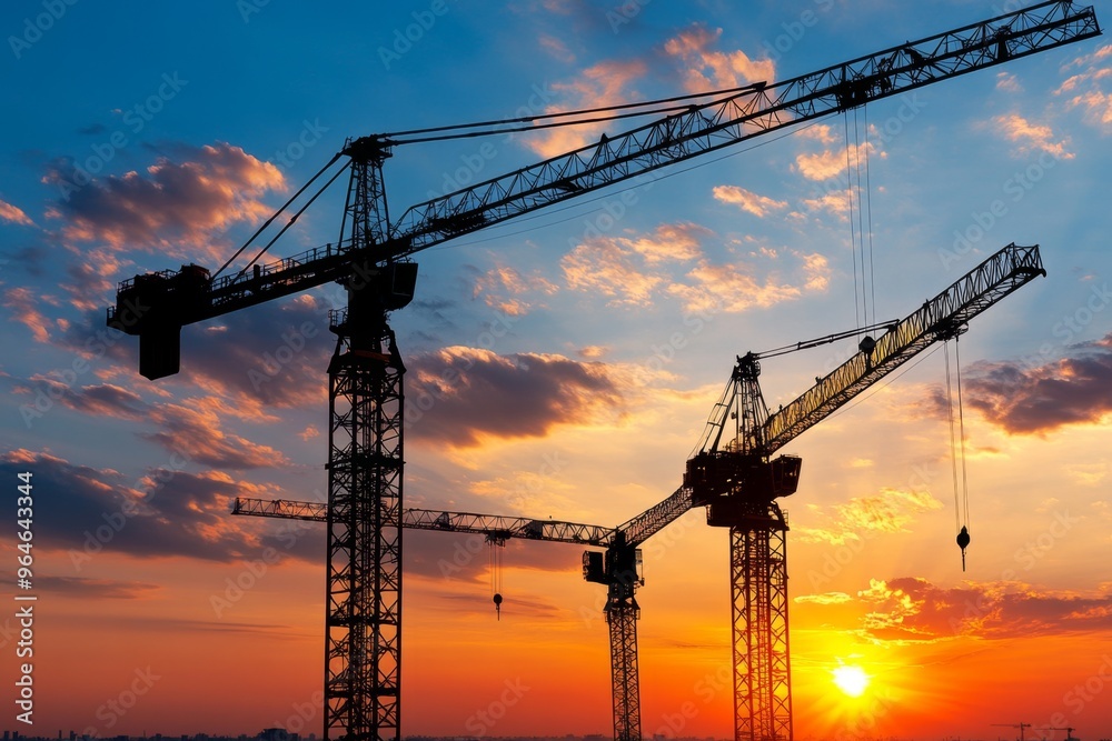 Construction cranes silhouetted against a sunset as the day ends on a massive building project Construction cranes silhouetted against a sunset as the day ends on a massive building project