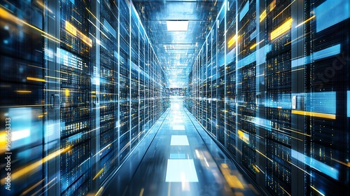Futuristic data center with VR storage blocks  blue and yellow lights  high-tech innovation