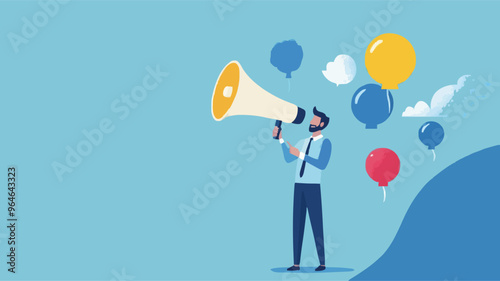 Communication or PR, Public Relations manager to communicate company information and media, announce sales or promotion concept, businessman holding speech bubble balloons while talking on megaphone.