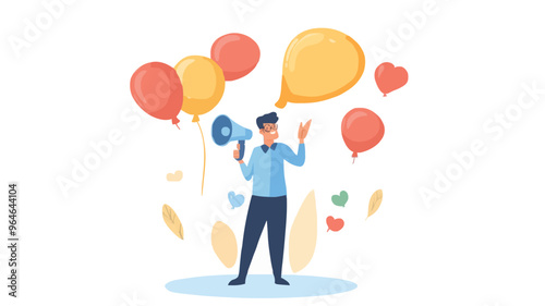 Communication or PR, Public Relations manager to communicate company information and media, announce sales or promotion concept, businessman holding speech bubble balloons while talking on megaphone.