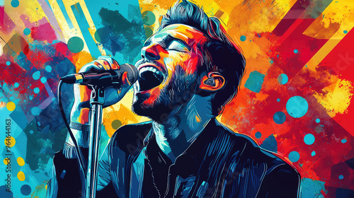 Stylish young musician holding microphone in his hand on abstract colorful background. Modern design. Music festival poster