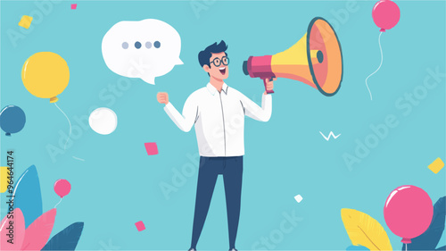 Communication or PR, Public Relations manager to communicate company information and media, announce sales or promotion concept, businessman holding speech bubble balloons while talking on megaphone.