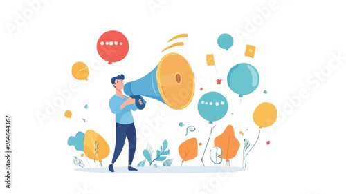 Communication or PR, Public Relations manager to communicate company information and media, announce sales or promotion concept, businessman holding speech bubble balloons while talking on megaphone.