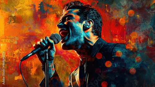Young artist with microphone on colorful background. Modern design. Night club music event