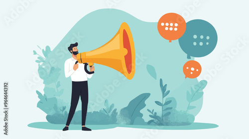 Communication or PR, Public Relations manager to communicate company information and media, announce sales or promotion concept, businessman holding speech bubble balloons while talking on megaphone.