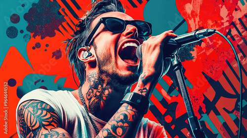 Young musician with tattoos holding microphone in his hand on abstract vibrant background. Rock festival. Music event brochure