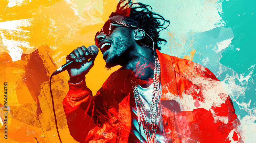 Fototapeta premium Stylish young musician singing song, holding microphone in his hand. Modern design