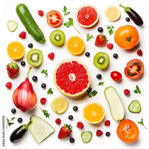 closeup of Fruits and Vegetables on white Background.