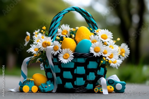 Easter basket filled with toys and treats surrounded by fresh daisies and ribbons, ready to delight a child on Easter morning photo