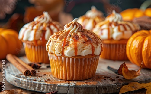 Delicious Pumpkin Spice Cupcakes with Caramel Drizzle and Whipped Cream