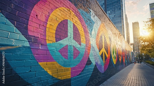 A colorful mural of peace and love is painted on a brick wall
