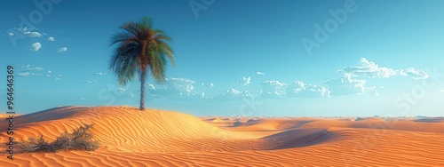 A solitary palm tree standing tall in a vast expanse of sand dunes, with a clear blue sky and distant mirage.