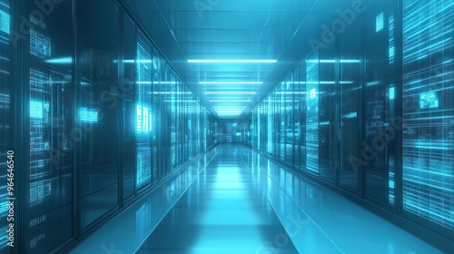 Server Room Hallway with Digital Displays