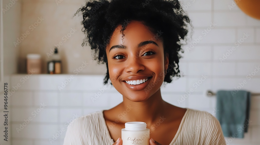 Φωτογραφία A black woman in a bathroom holds a face cream jar, her radiant smile and relaxed posture emphasizing self-care and beauty