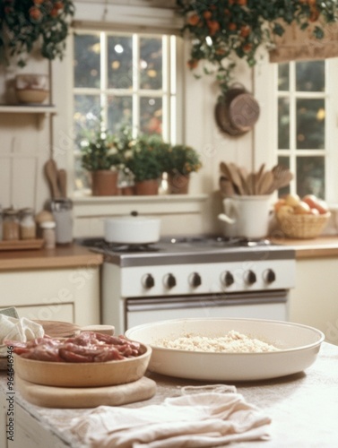 Wallpaper Mural Middle-Aged Female Cooking Traditional Meat Dishes in Warm Autumnal 1970s-Style Kitchen at Daytime, Evoking Nostalgia and Comfort Torontodigital.ca