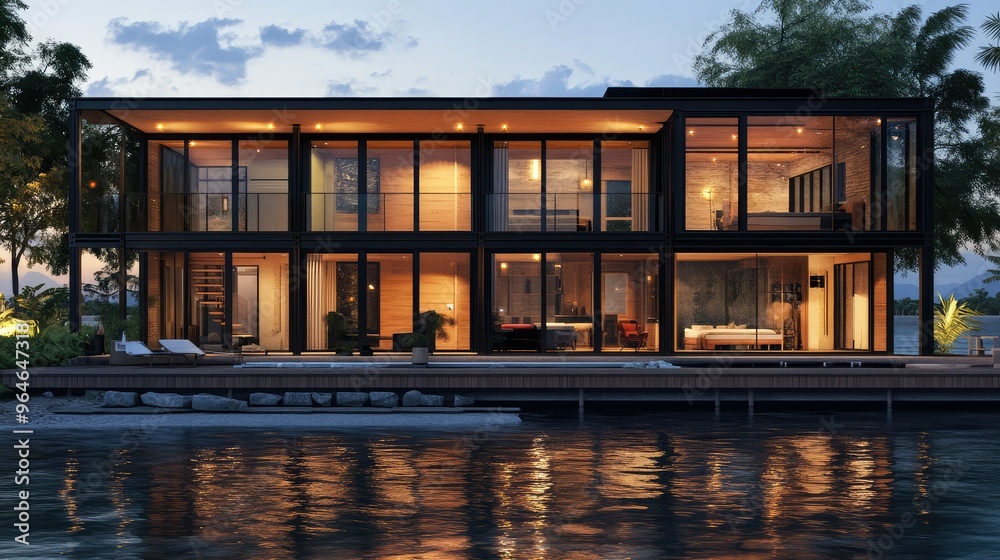 Two-story container home with large glass panels, surrounded by water town architecture, beautifully rendered with realistic lighting Two-story container home with large glass panels, surrounded by water town architecture, beautifully rendered with realistic lighting