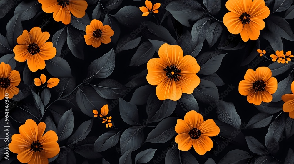 A beautiful illustration of orange flowers with black centers surrounded by dark grey leaves on a black background. A beautiful illustration of orange flowers with black centers surrounded by dark grey leaves on a black background.