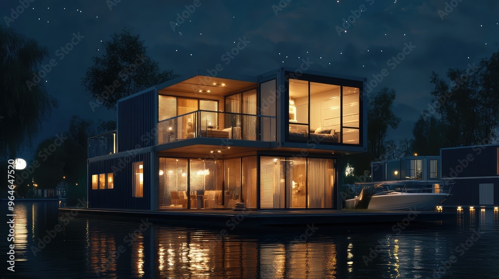 Two-story container house in a water town, featuring expansive windows and a second-story indoor balcony, rendered in high-definition at night