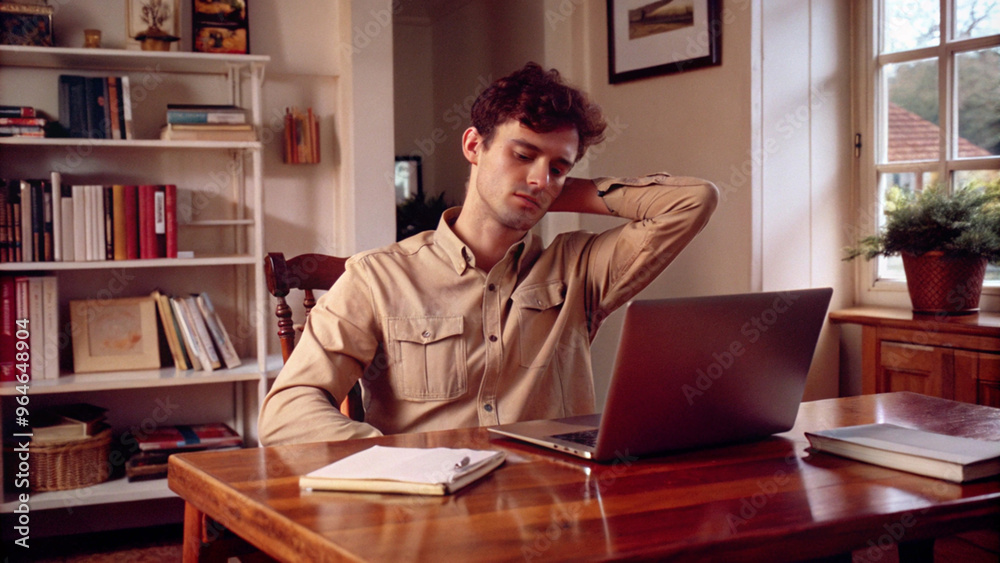 Young Man Appearing Tired at Wooden Table with a Laptop in a Bright, Cozy Home Office Setting Young Man Appearing Tired at Wooden Table with a Laptop in a Bright, Cozy Home Office Setting